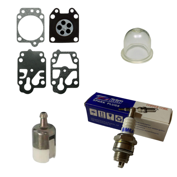 KIT 4 PZ REVISIONE MOTORE DECESPUGLIATORE MEMBRANE PRIMER CANDELA PESCA MISCELA