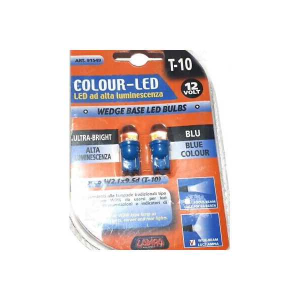 PACCO 2 LAMPADINE LED BLU ALTA LUMINESCENZA 12V ATTACCO W2.1X9.5D T10 RIF. 91549